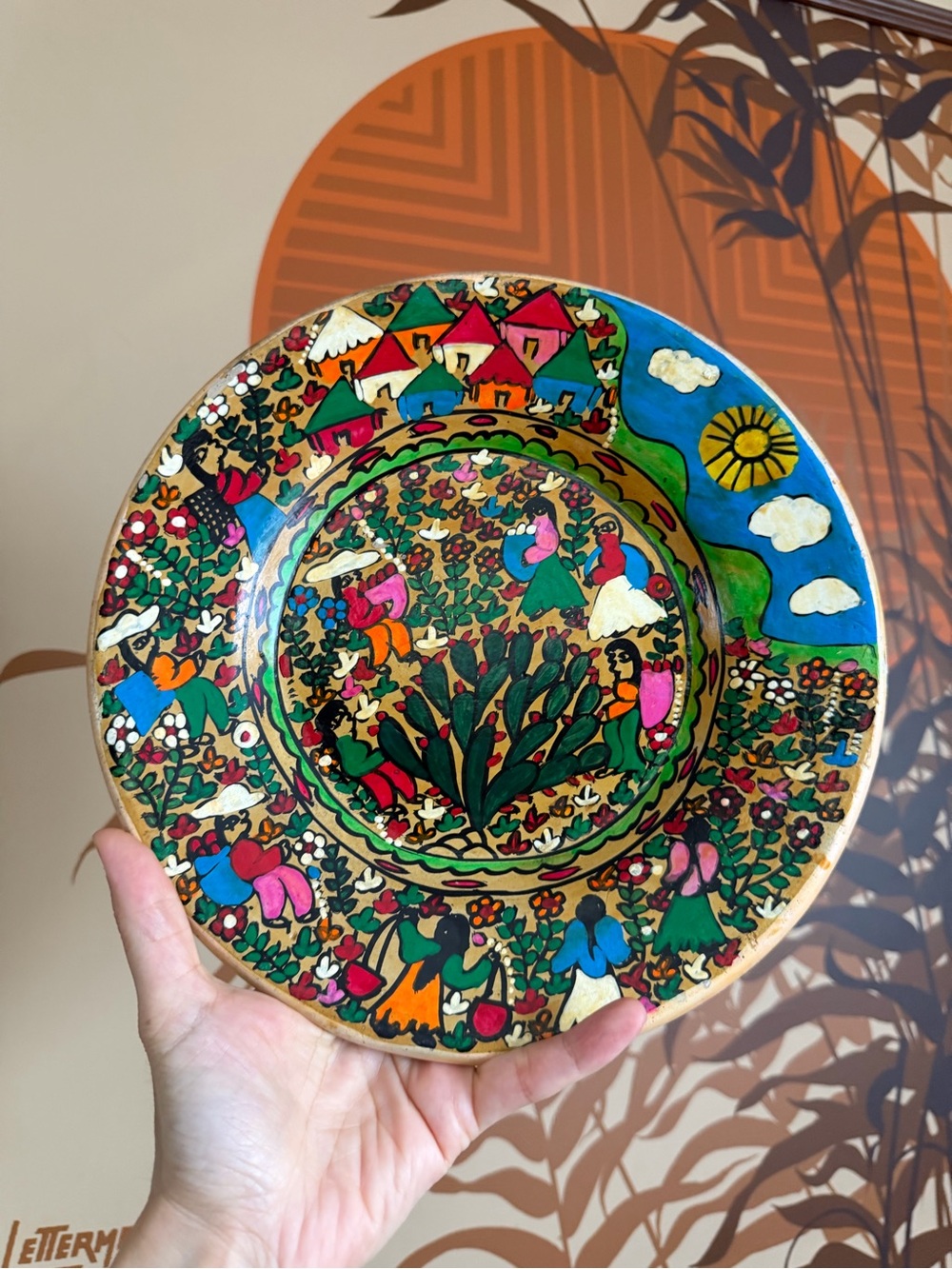 Vintage Mexican storyteller and folk art terracotta plate